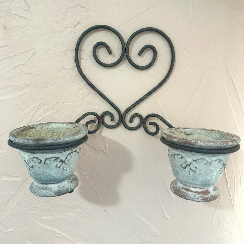 Vintage Iron Double Plant Wall Holder Flower Pot Planter Rustic Heart Scroll